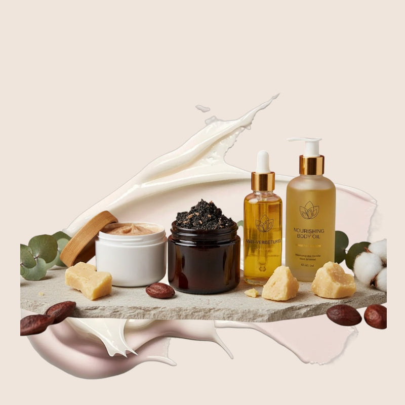 Gamme Complète Vergetures  – Savon Noir Peeling, Huile Activatrice, Sérum & Crème Hydratant