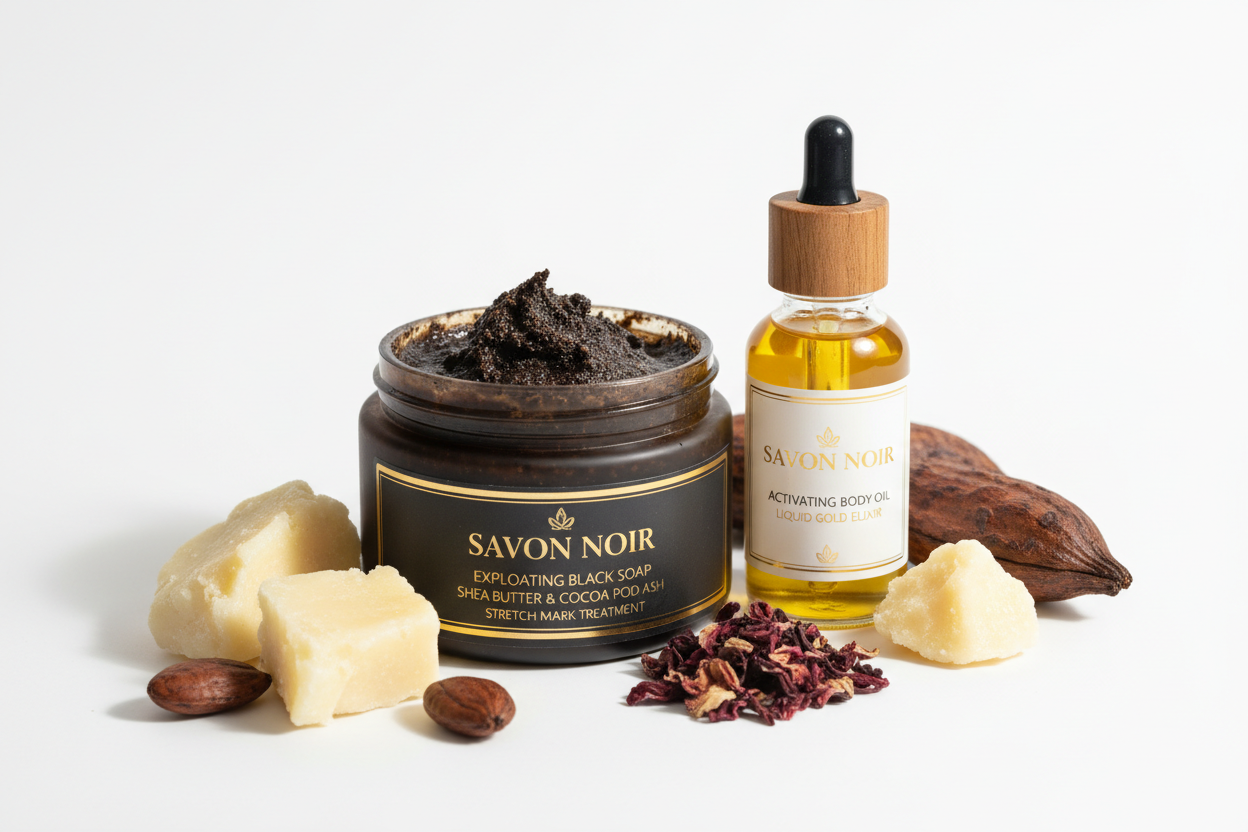 Savon Noir Peeling Naturel & Huile Activatrice Hydratante – Peau Douce, Lisse & Résultats Garantie